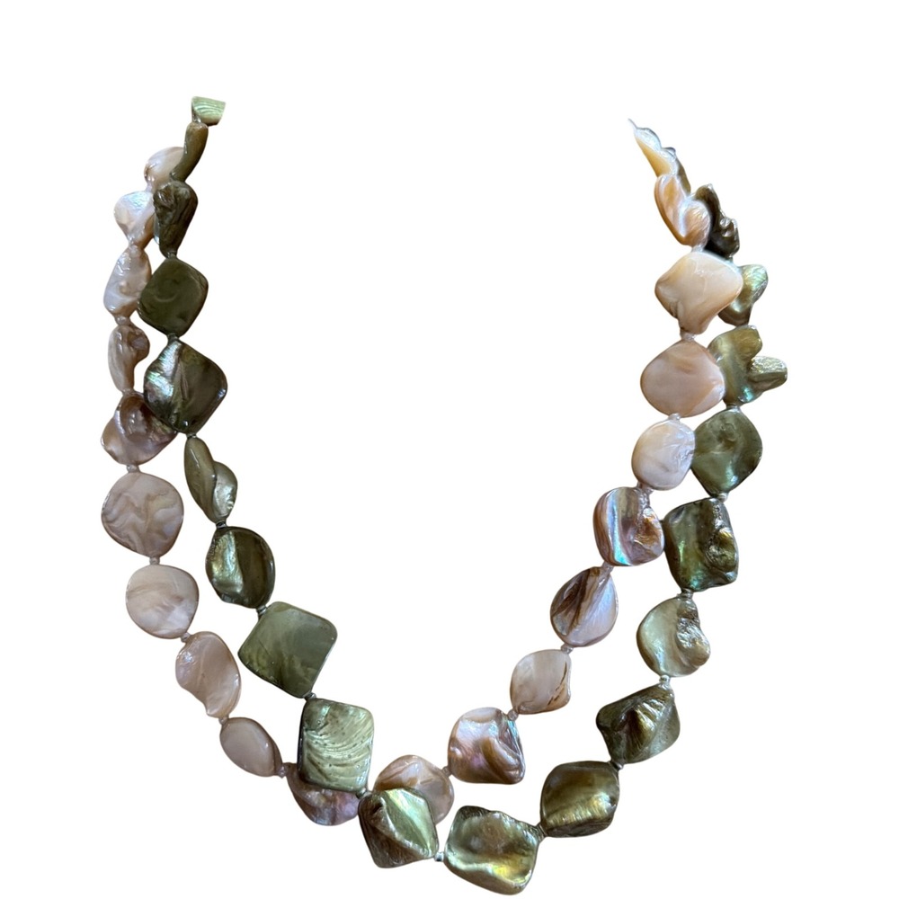 Double Strand Mother of Pearl Shell Necklace Sage Green Cream Iridescent 1814